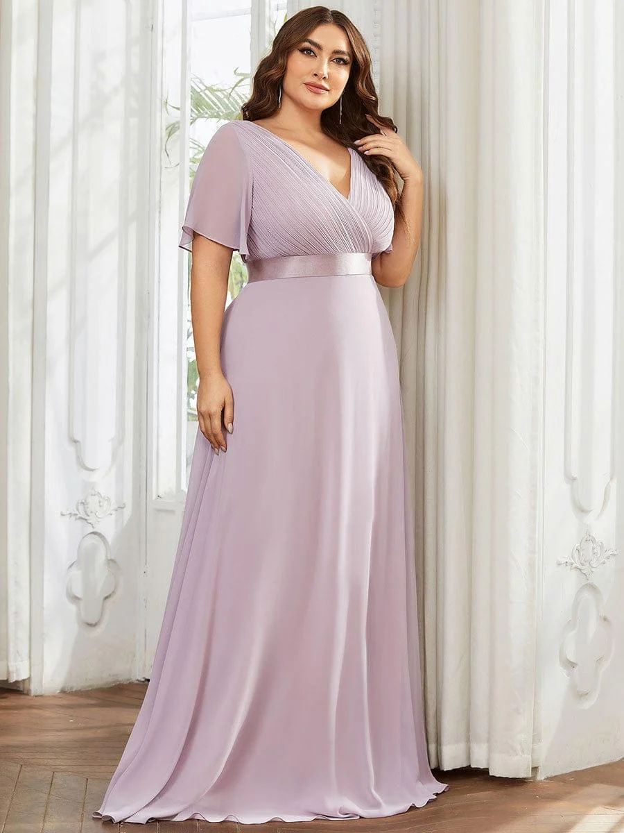 pretty MONICA|Plus Size Long Empire Waist Bridesmaid Dress with Short Flutter Sleeves - Image 104
