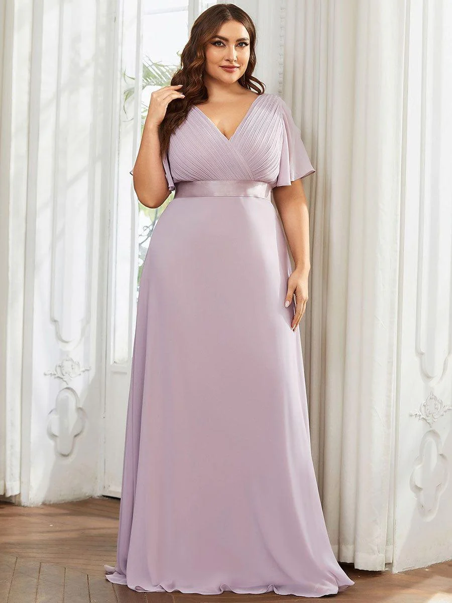 pretty MONICA|Plus Size Long Empire Waist Bridesmaid Dress with Short Flutter Sleeves - Image 105
