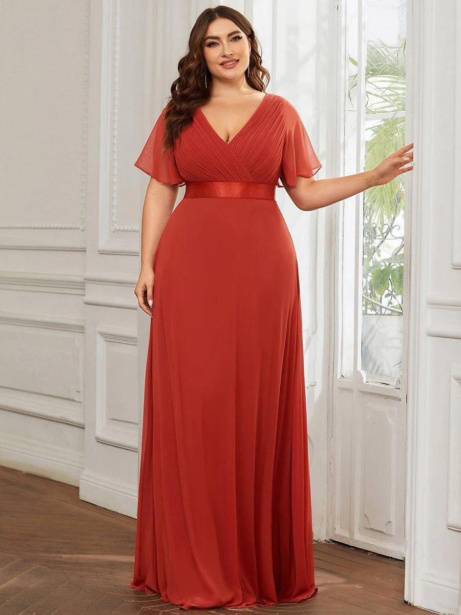 pretty MONICA|Plus Size Long Empire Waist Bridesmaid Dress with Short Flutter Sleeves - Image 106
