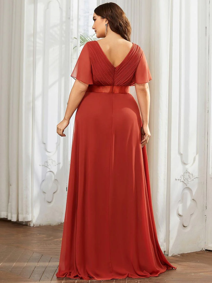 pretty MONICA|Plus Size Long Empire Waist Bridesmaid Dress with Short Flutter Sleeves - Image 107