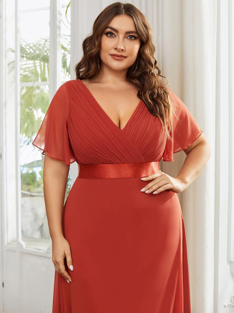 pretty MONICA|Plus Size Long Empire Waist Bridesmaid Dress with Short Flutter Sleeves - Image 108
