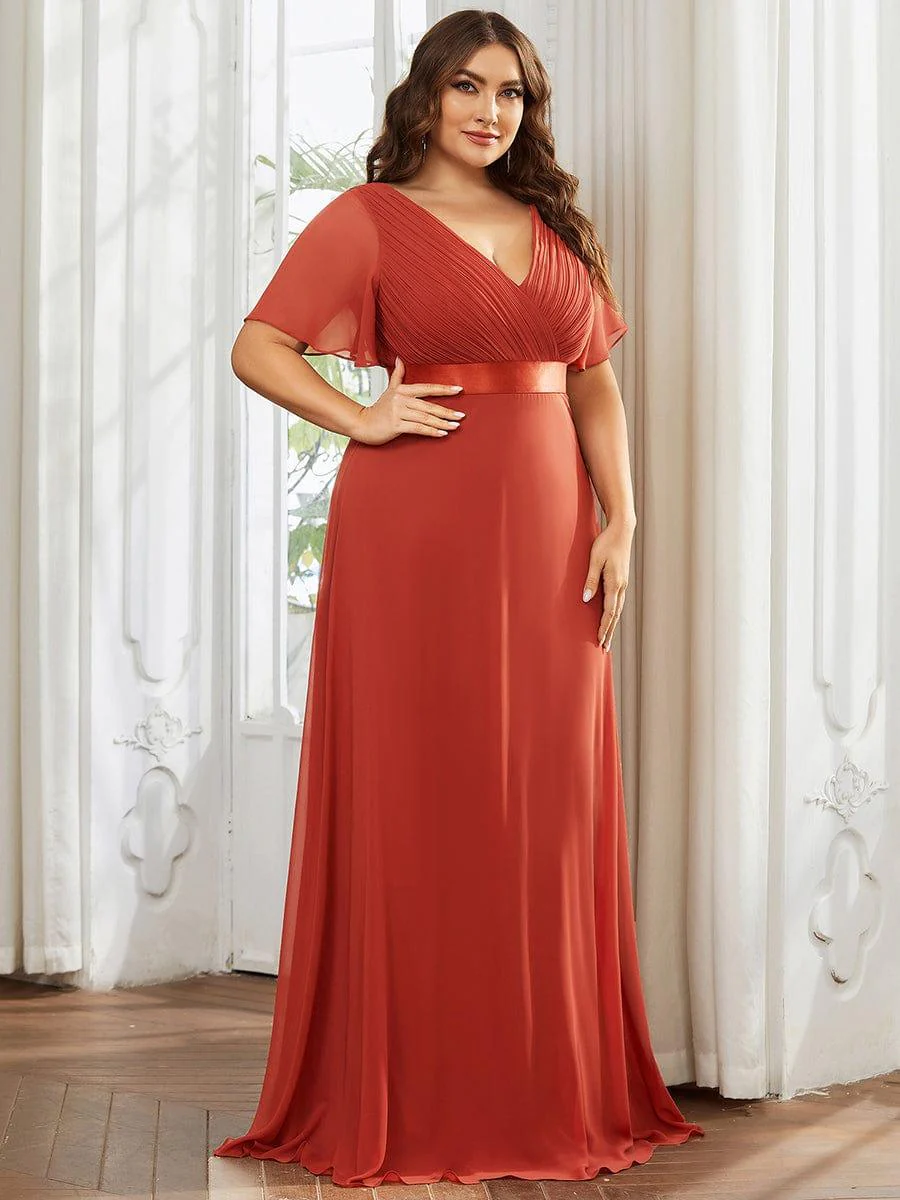 pretty MONICA|Plus Size Long Empire Waist Bridesmaid Dress with Short Flutter Sleeves - Image 109