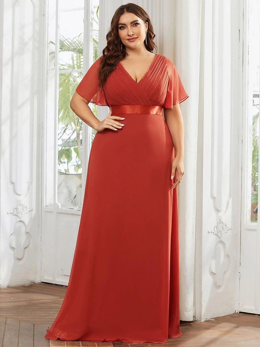 pretty MONICA|Plus Size Long Empire Waist Bridesmaid Dress with Short Flutter Sleeves - Image 110