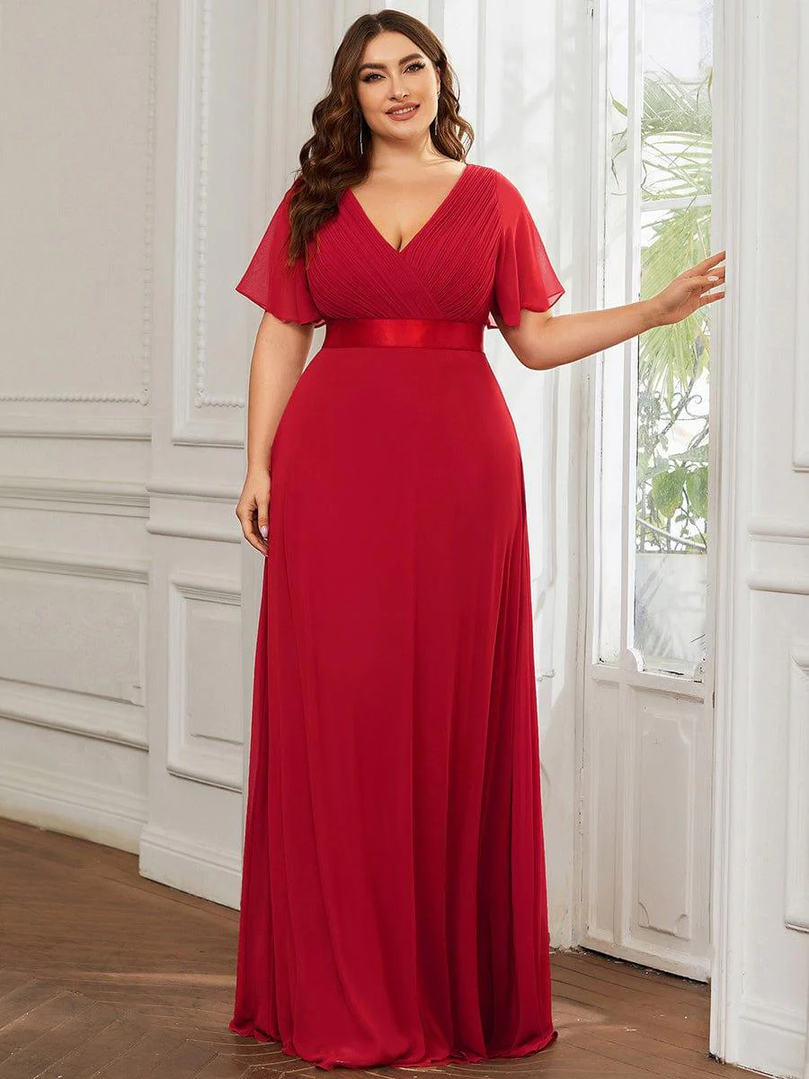 pretty MONICA|Plus Size Long Empire Waist Bridesmaid Dress with Short Flutter Sleeves - Image 111