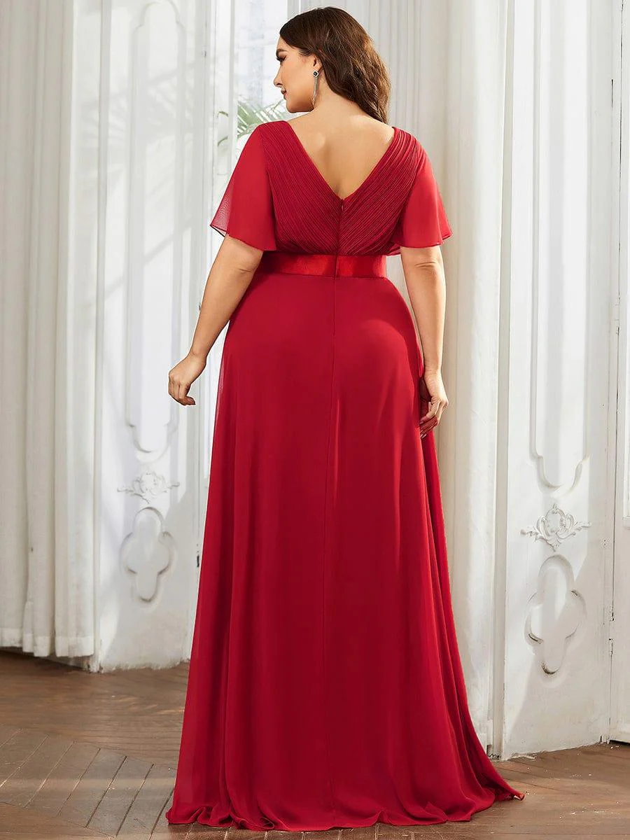 pretty MONICA|Plus Size Long Empire Waist Bridesmaid Dress with Short Flutter Sleeves - Image 112