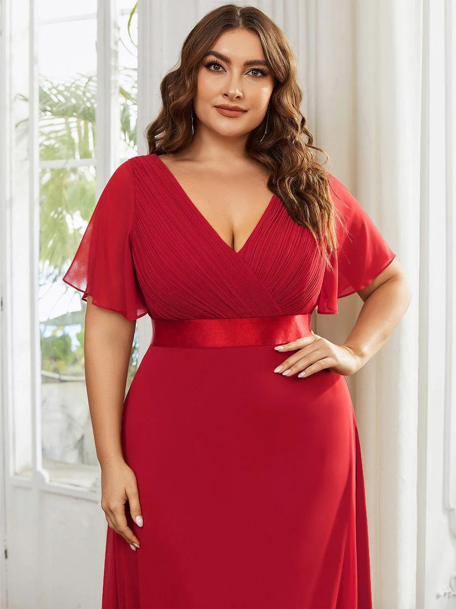 pretty MONICA|Plus Size Long Empire Waist Bridesmaid Dress with Short Flutter Sleeves - Image 113