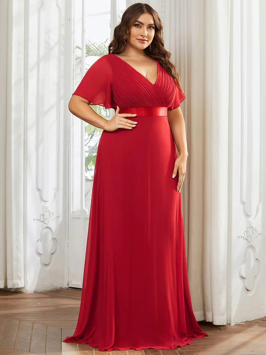 pretty MONICA|Plus Size Long Empire Waist Bridesmaid Dress with Short Flutter Sleeves - Image 114
