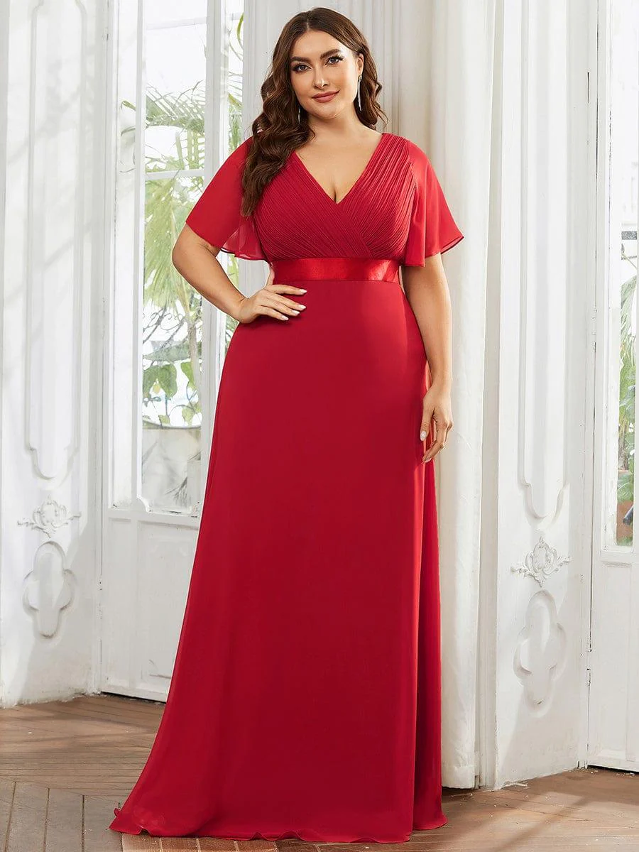 pretty MONICA|Plus Size Long Empire Waist Bridesmaid Dress with Short Flutter Sleeves - Image 115
