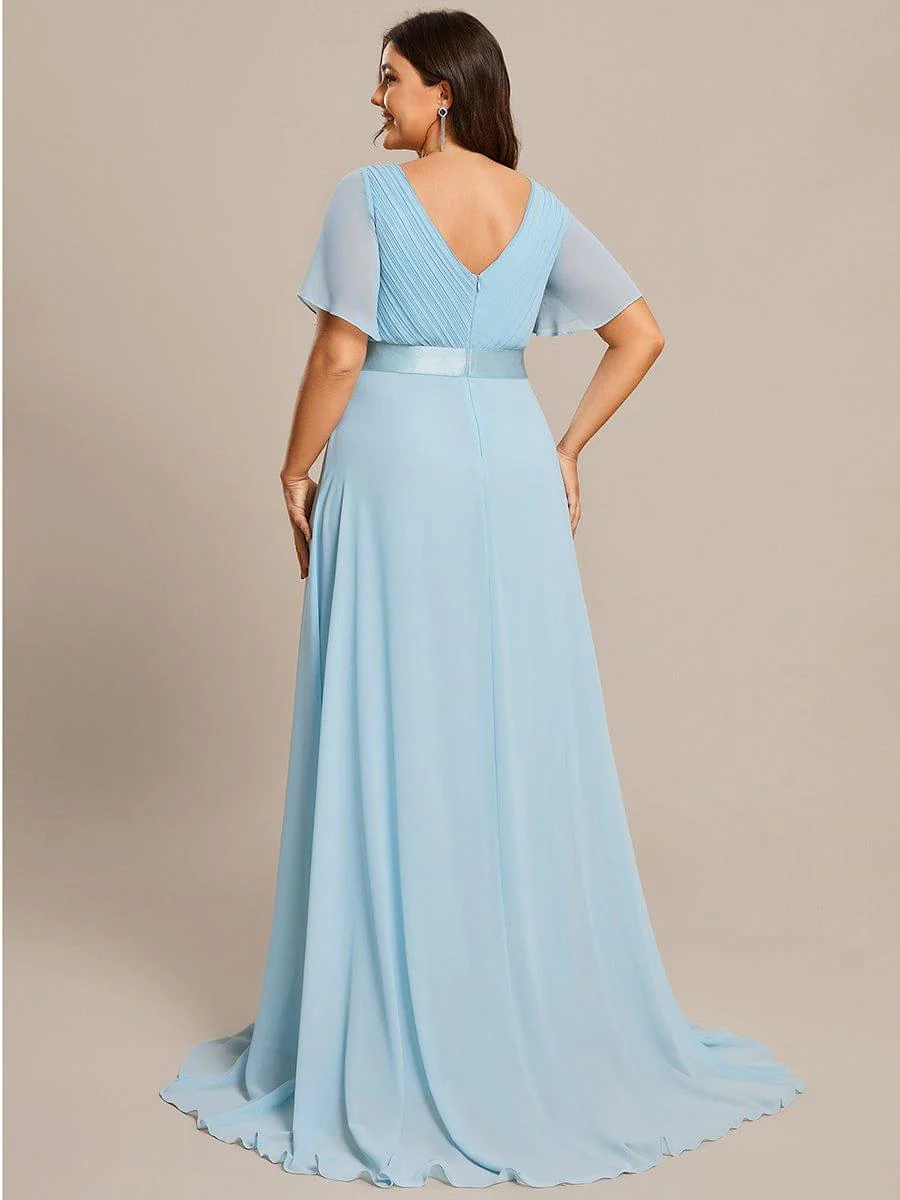pretty MONICA|Plus Size Long Empire Waist Bridesmaid Dress with Short Flutter Sleeves - Image 117