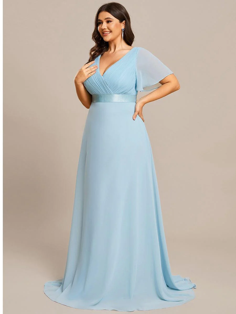 pretty MONICA|Plus Size Long Empire Waist Bridesmaid Dress with Short Flutter Sleeves - Image 122