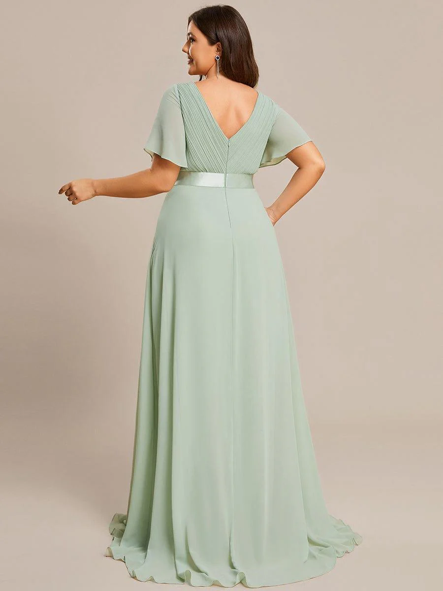 pretty MONICA|Plus Size Long Empire Waist Bridesmaid Dress with Short Flutter Sleeves - Image 125
