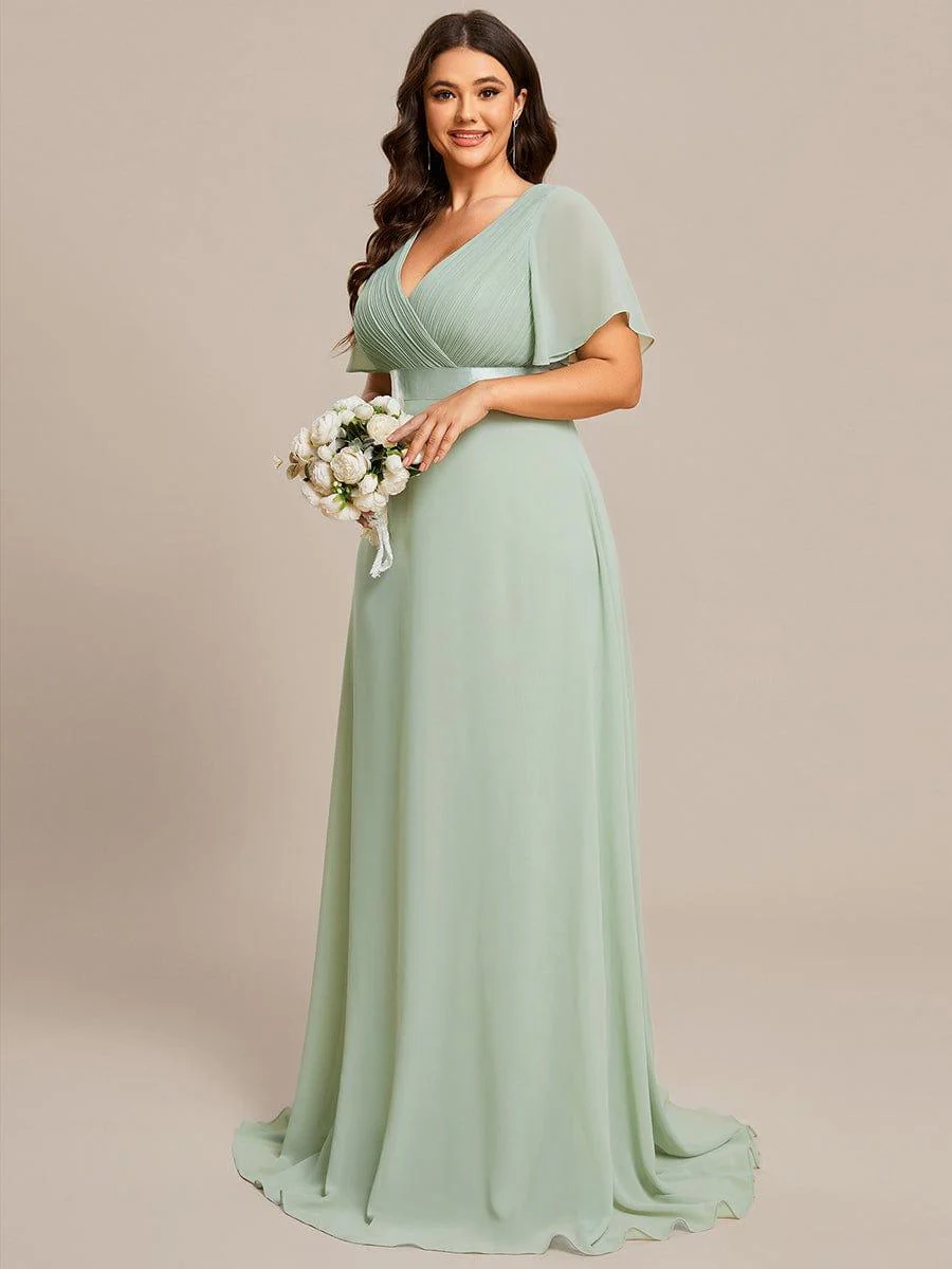pretty MONICA|Plus Size Long Empire Waist Bridesmaid Dress with Short Flutter Sleeves - Image 127