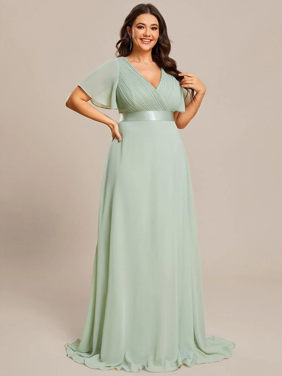 pretty MONICA|Plus Size Long Empire Waist Bridesmaid Dress with Short Flutter Sleeves - Image 128