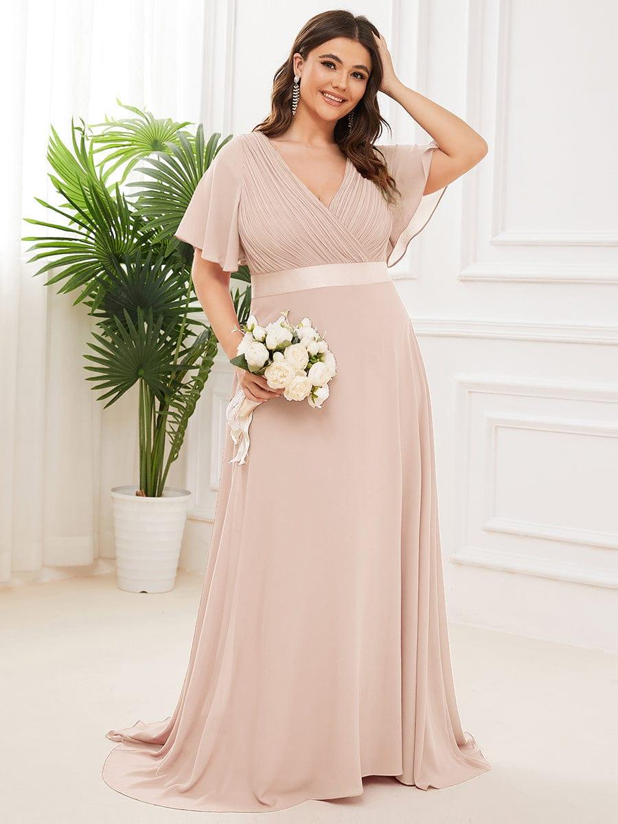 pretty MONICA|Plus Size Long Empire Waist Bridesmaid Dress with Short Flutter Sleeves - Image 129