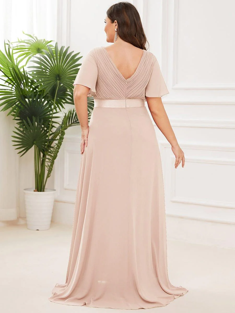 pretty MONICA|Plus Size Long Empire Waist Bridesmaid Dress with Short Flutter Sleeves - Image 130