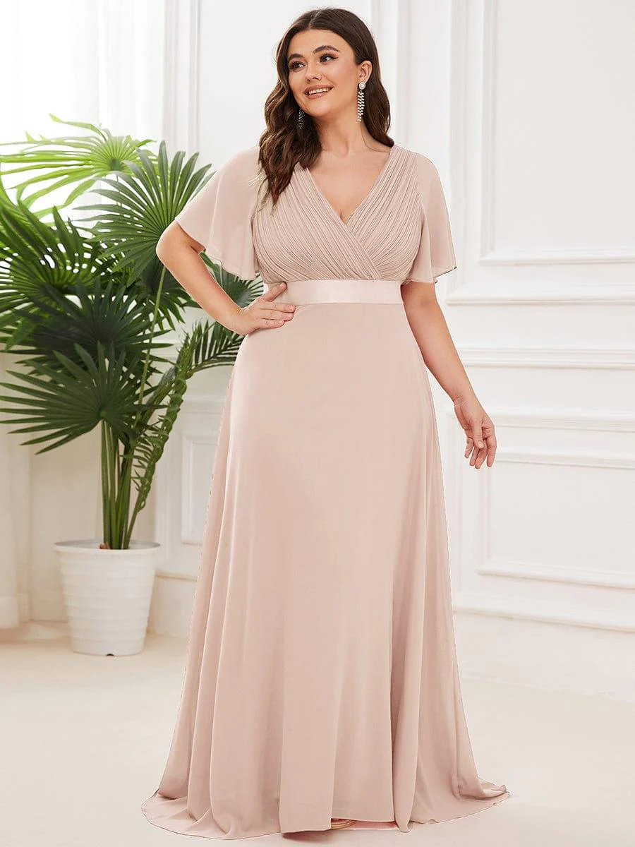 pretty MONICA|Plus Size Long Empire Waist Bridesmaid Dress with Short Flutter Sleeves - Image 132