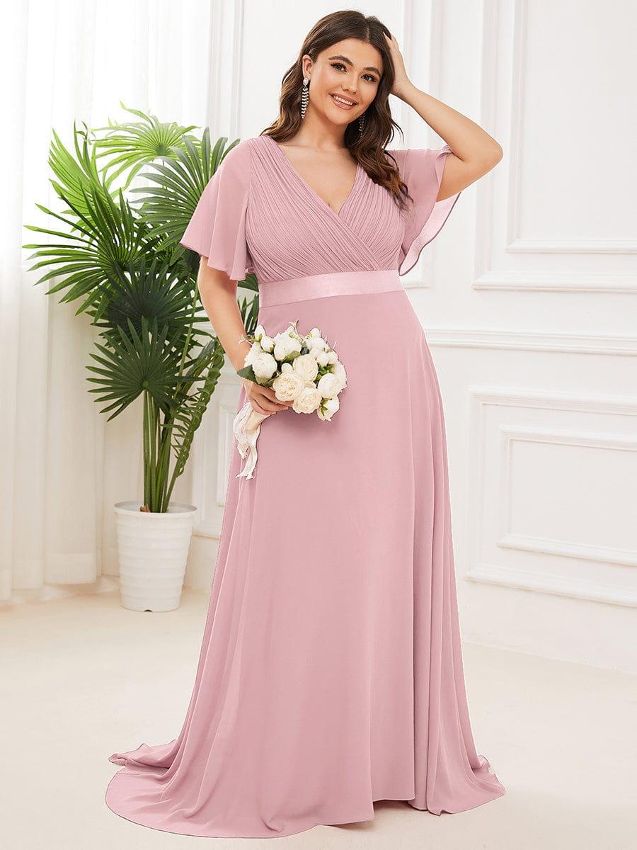 pretty MONICA|Plus Size Long Empire Waist Bridesmaid Dress with Short Flutter Sleeves - Image 136