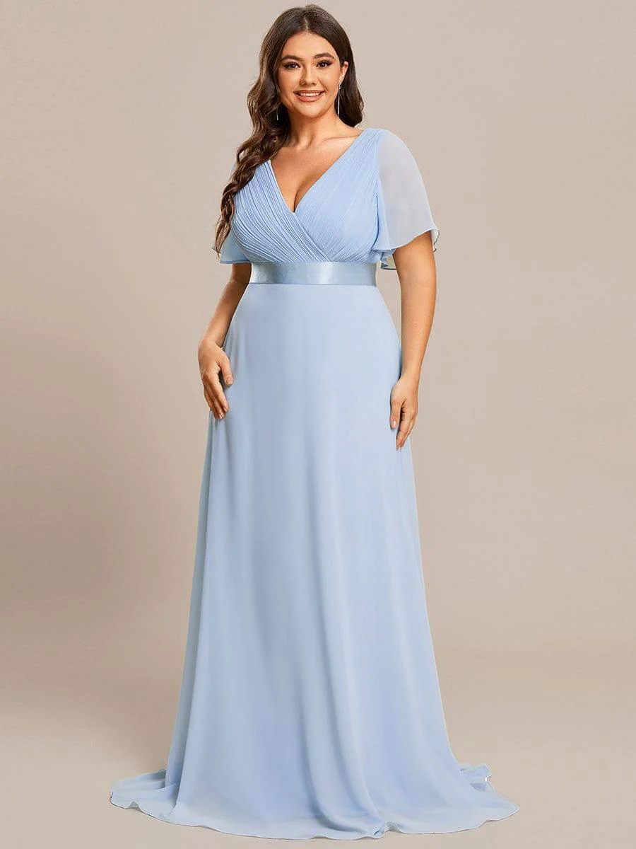 pretty MONICA|Plus Size Long Empire Waist Bridesmaid Dress with Short Flutter Sleeves - Image 141