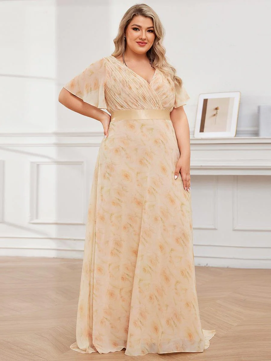 pretty MONICA|Plus Size Long Empire Waist Bridesmaid Dress with Short Flutter Sleeves - Image 142