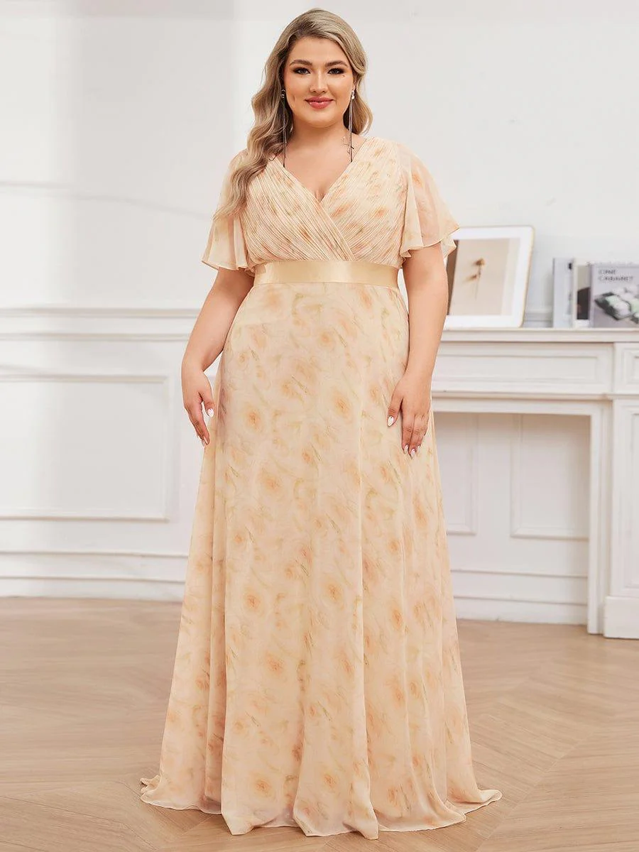 pretty MONICA|Plus Size Long Empire Waist Bridesmaid Dress with Short Flutter Sleeves - Image 145