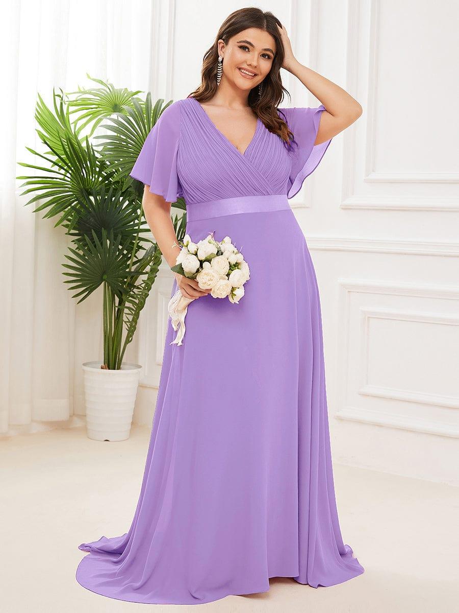 pretty MONICA|Plus Size Long Empire Waist Bridesmaid Dress with Short Flutter Sleeves - Image 147