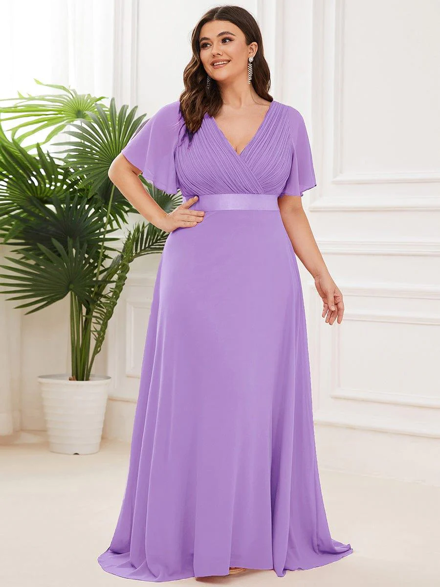 pretty MONICA|Plus Size Long Empire Waist Bridesmaid Dress with Short Flutter Sleeves - Image 151