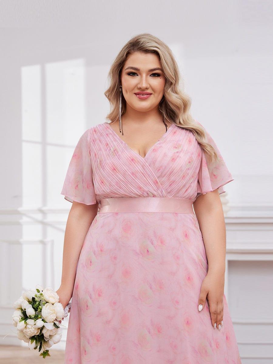 pretty MONICA|Plus Size Long Empire Waist Bridesmaid Dress with Short Flutter Sleeves - Image 154