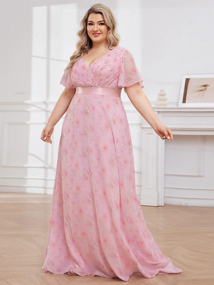 pretty MONICA|Plus Size Long Empire Waist Bridesmaid Dress with Short Flutter Sleeves - Image 155