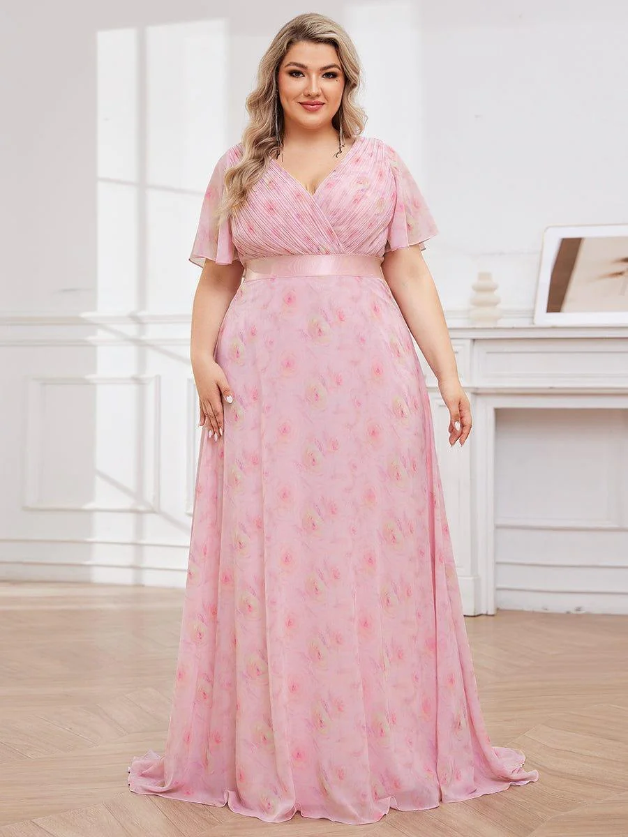 pretty MONICA|Plus Size Long Empire Waist Bridesmaid Dress with Short Flutter Sleeves - Image 156