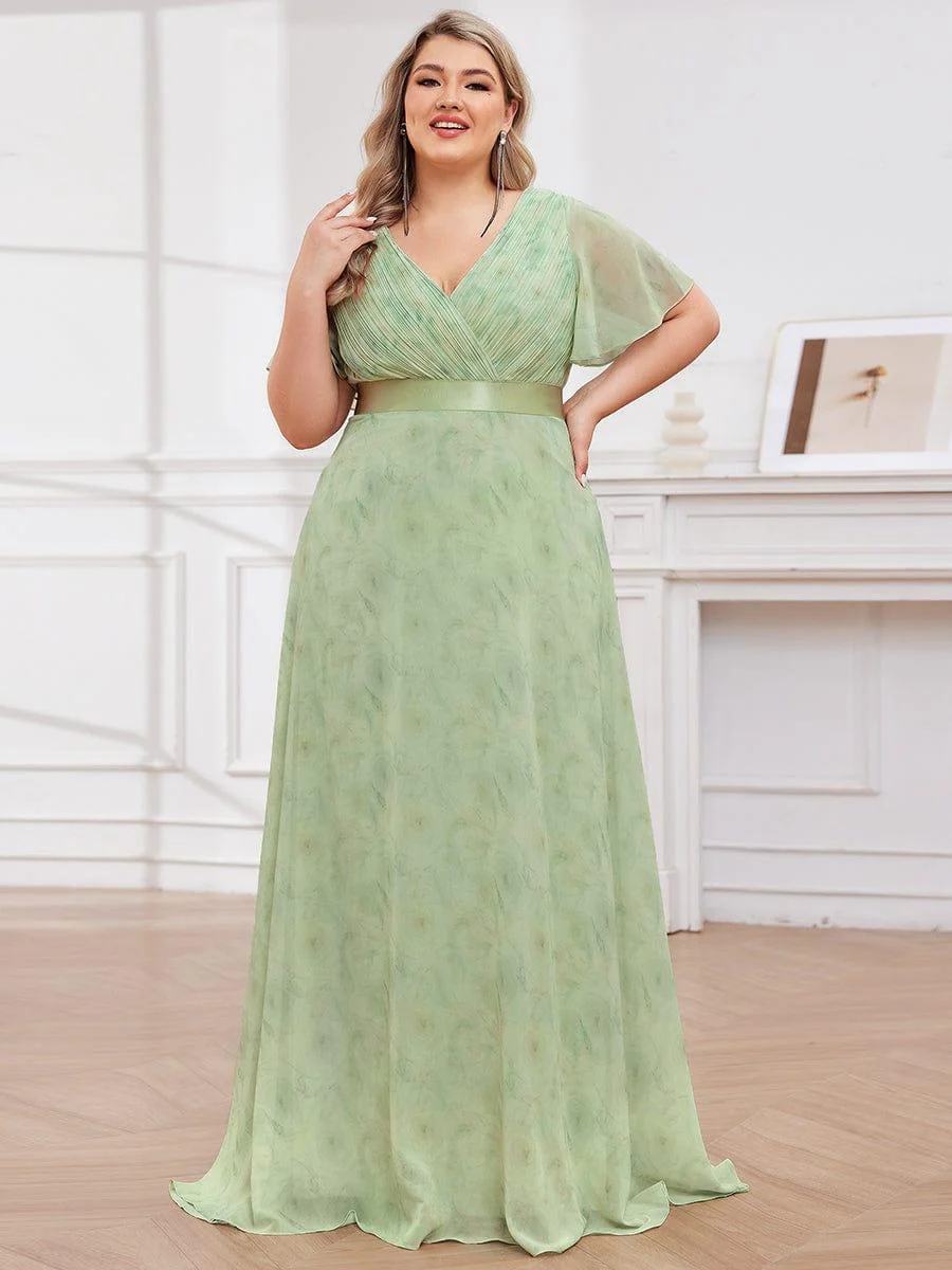 pretty MONICA|Plus Size Long Empire Waist Bridesmaid Dress with Short Flutter Sleeves - Image 157