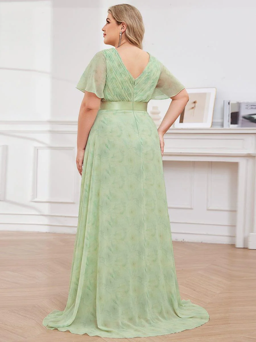 pretty MONICA|Plus Size Long Empire Waist Bridesmaid Dress with Short Flutter Sleeves - Image 158