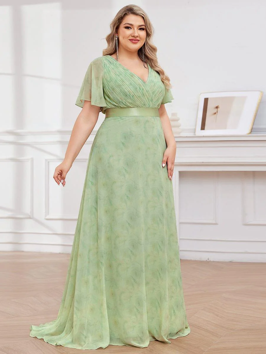 pretty MONICA|Plus Size Long Empire Waist Bridesmaid Dress with Short Flutter Sleeves - Image 161