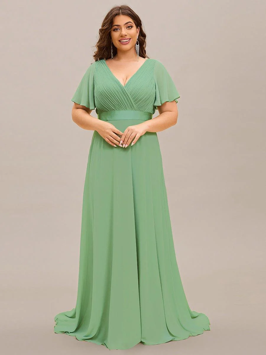 pretty MONICA|Plus Size Long Empire Waist Bridesmaid Dress with Short Flutter Sleeves - Image 162
