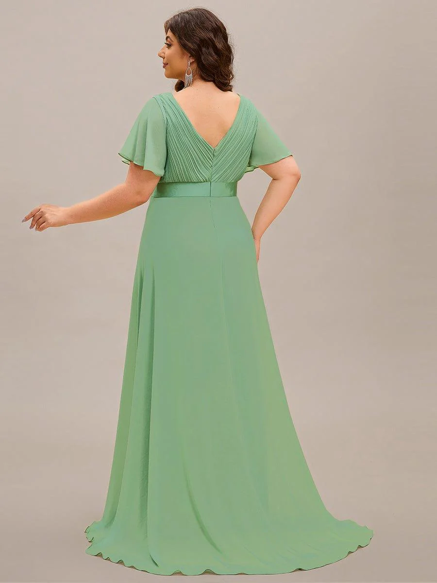 pretty MONICA|Plus Size Long Empire Waist Bridesmaid Dress with Short Flutter Sleeves - Image 163