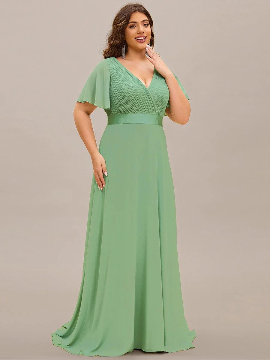 pretty MONICA|Plus Size Long Empire Waist Bridesmaid Dress with Short Flutter Sleeves - Image 165