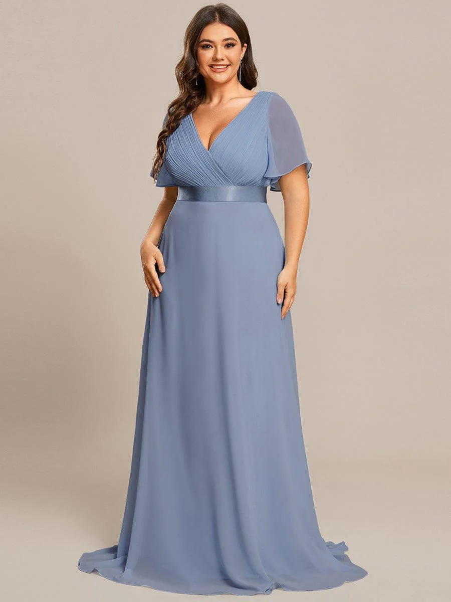 pretty MONICA|Plus Size Long Empire Waist Bridesmaid Dress with Short Flutter Sleeves - Image 167