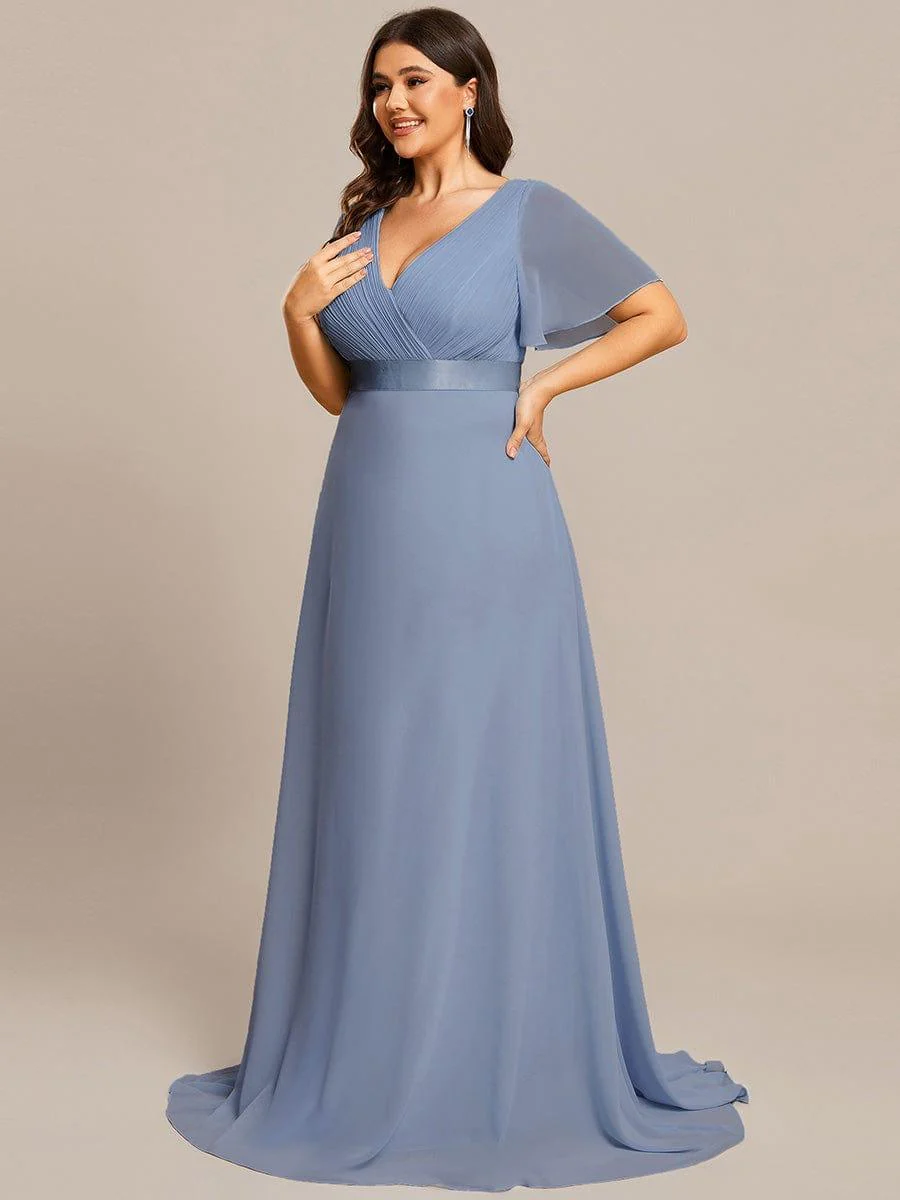 pretty MONICA|Plus Size Long Empire Waist Bridesmaid Dress with Short Flutter Sleeves - Image 171