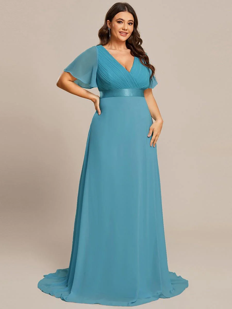 pretty MONICA|Plus Size Long Empire Waist Bridesmaid Dress with Short Flutter Sleeves - Image 172