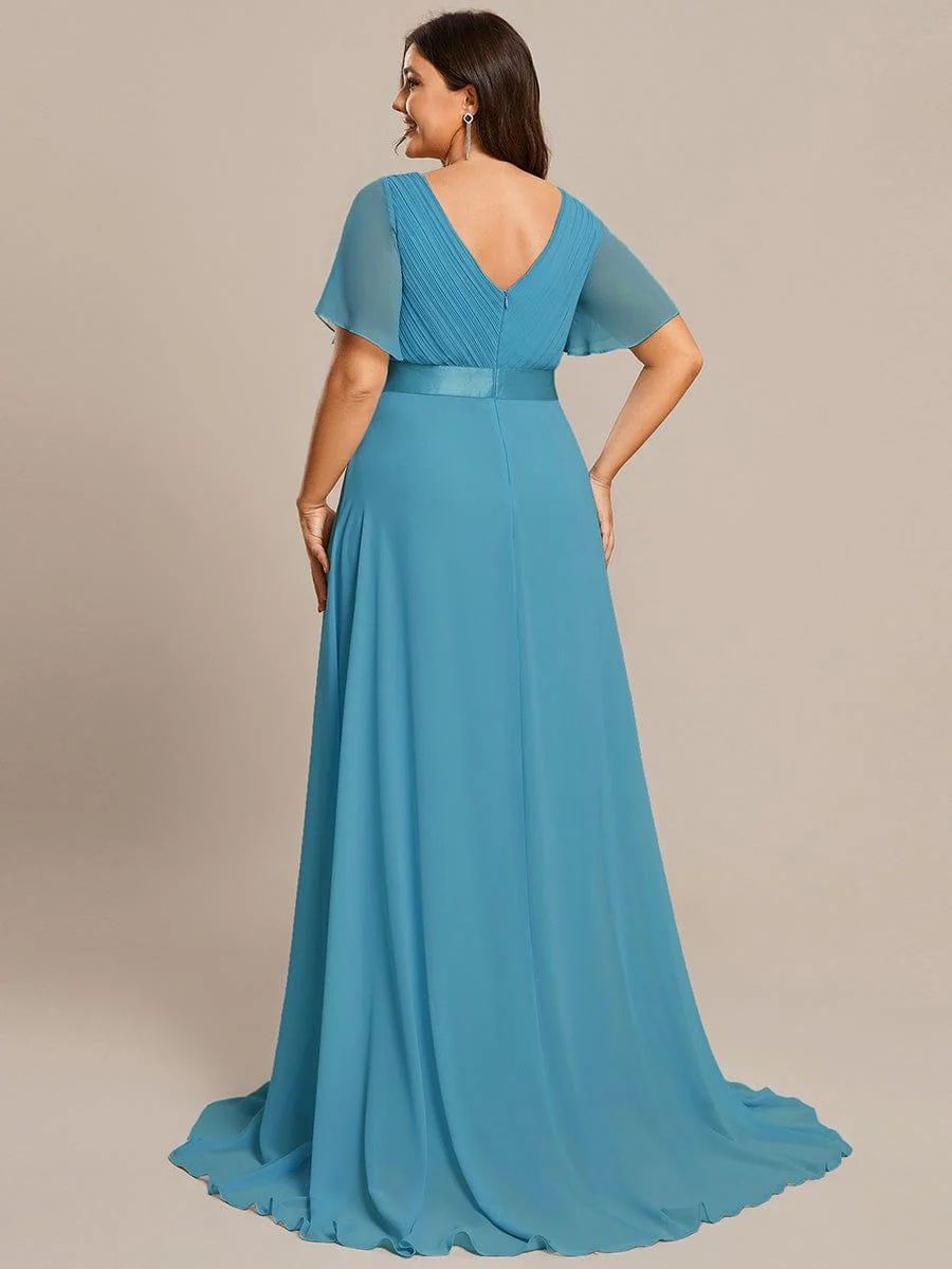 pretty MONICA|Plus Size Long Empire Waist Bridesmaid Dress with Short Flutter Sleeves - Image 173