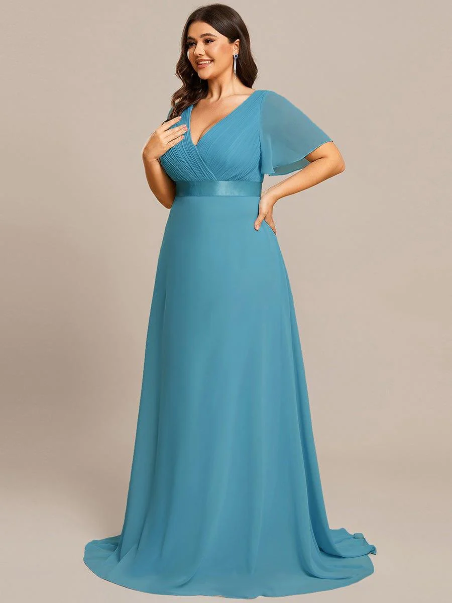 pretty MONICA|Plus Size Long Empire Waist Bridesmaid Dress with Short Flutter Sleeves - Image 175
