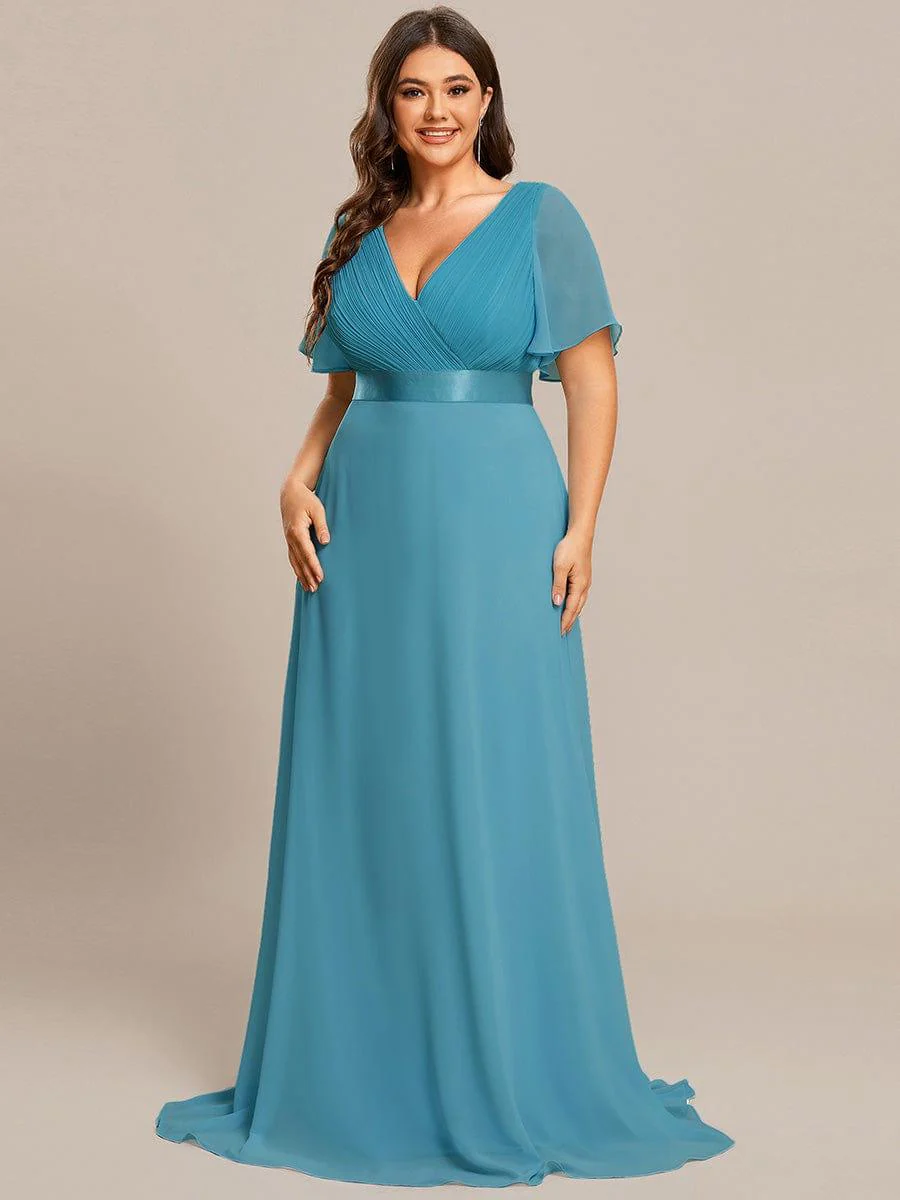 pretty MONICA|Plus Size Long Empire Waist Bridesmaid Dress with Short Flutter Sleeves - Image 176