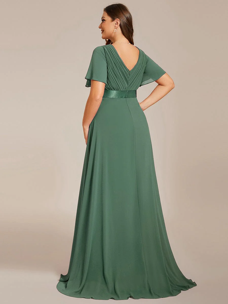 pretty MONICA|Plus Size Long Empire Waist Bridesmaid Dress with Short Flutter Sleeves - Image 188