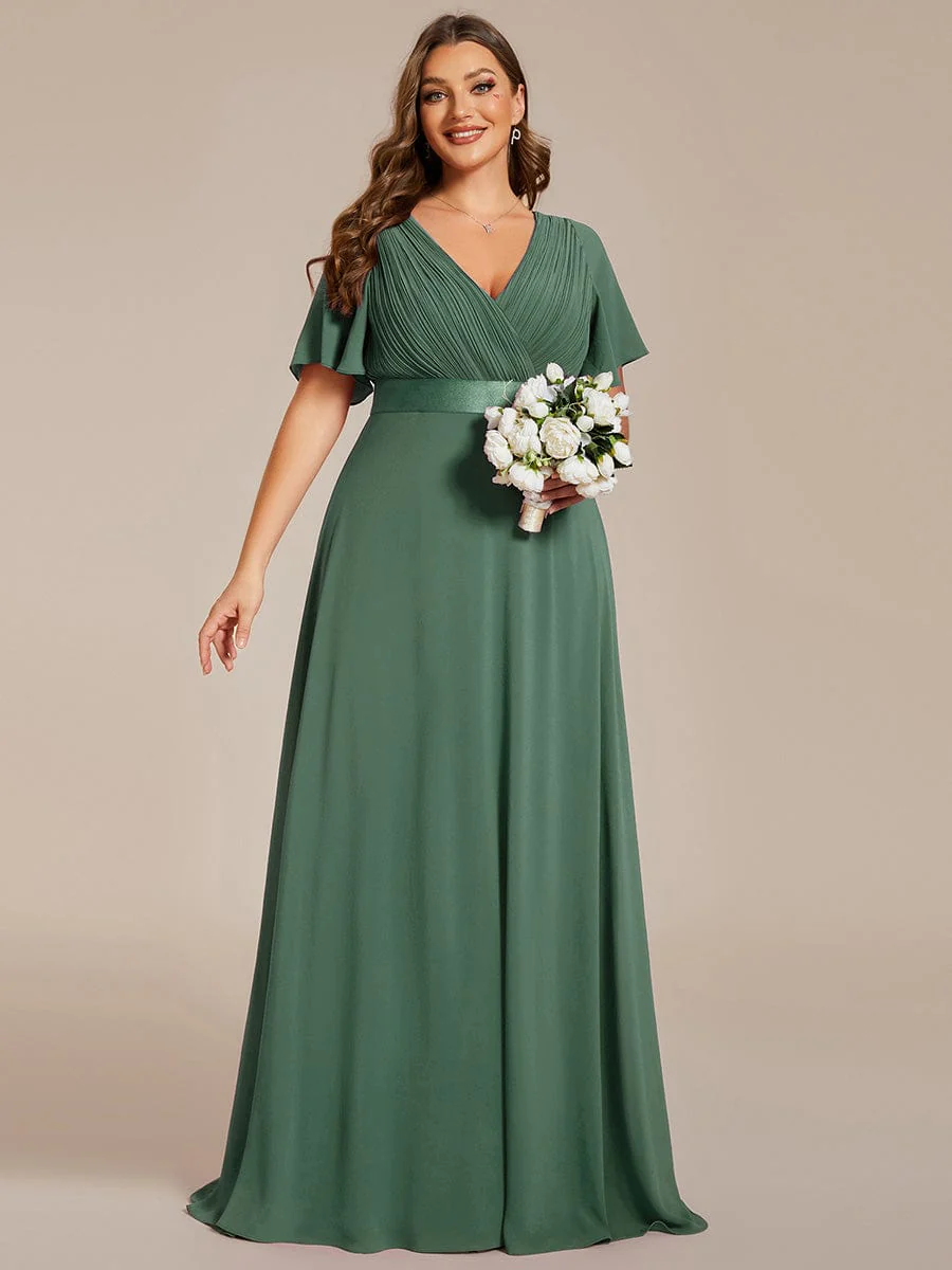 pretty MONICA|Plus Size Long Empire Waist Bridesmaid Dress with Short Flutter Sleeves - Image 189