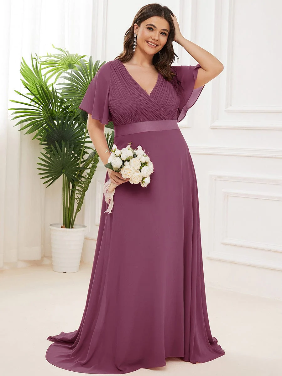 pretty MONICA|Plus Size Long Empire Waist Bridesmaid Dress with Short Flutter Sleeves - Image 191