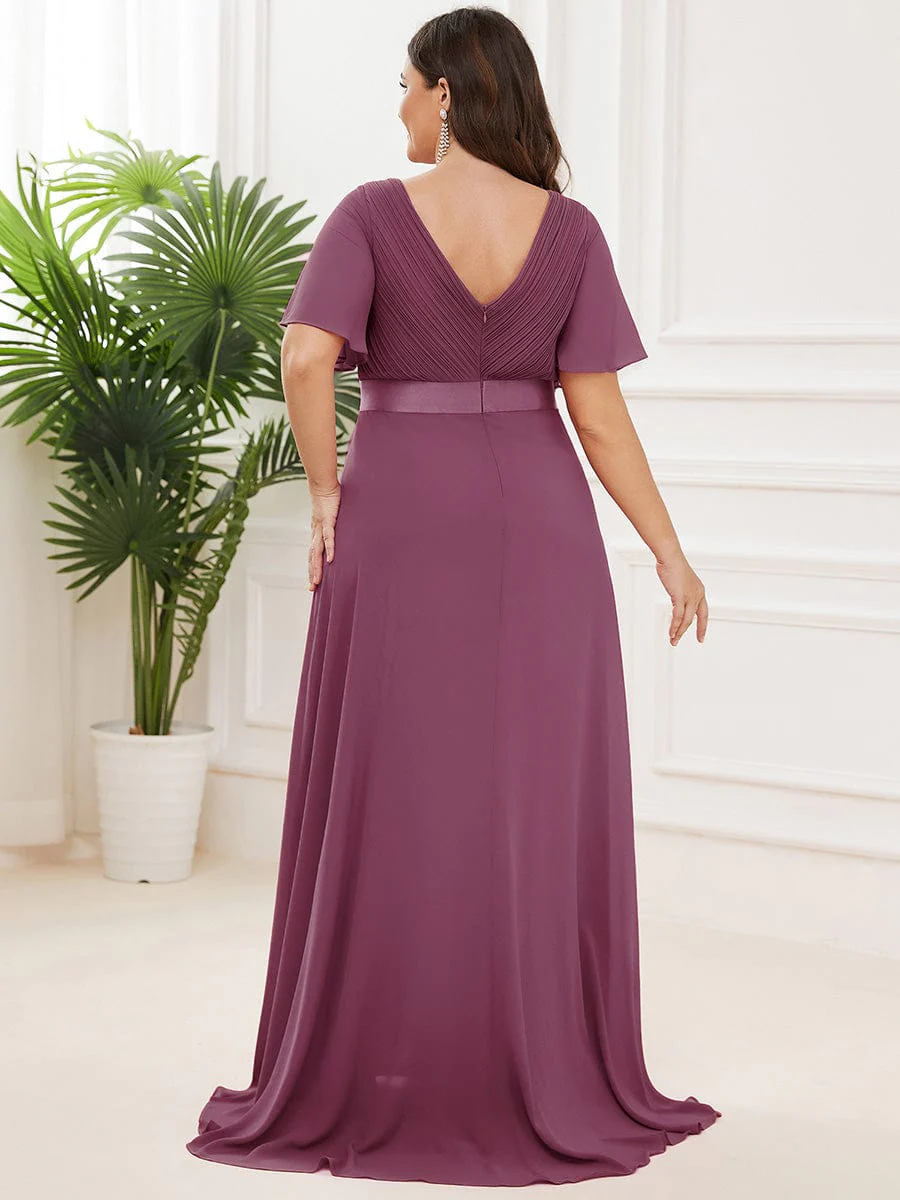 pretty MONICA|Plus Size Long Empire Waist Bridesmaid Dress with Short Flutter Sleeves - Image 192