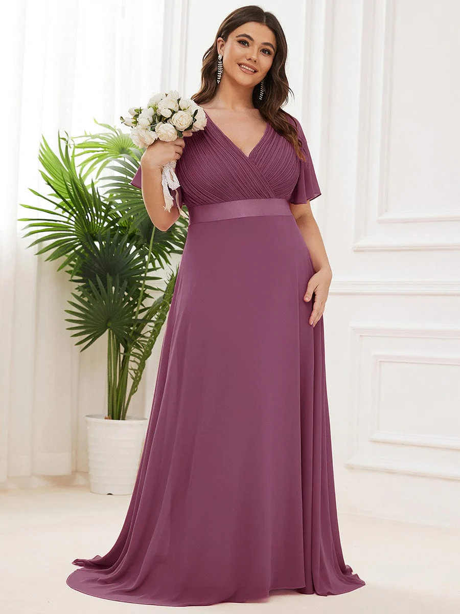 pretty MONICA|Plus Size Long Empire Waist Bridesmaid Dress with Short Flutter Sleeves - Image 195