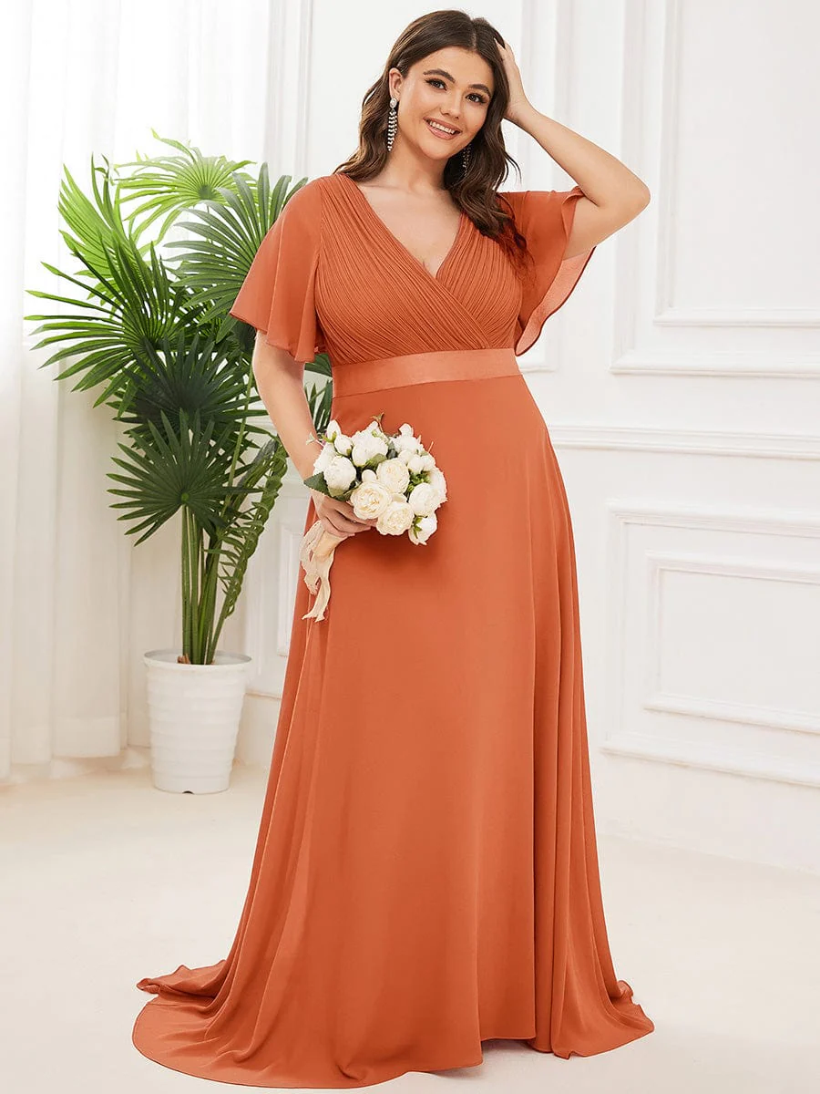 pretty MONICA|Plus Size Long Empire Waist Bridesmaid Dress with Short Flutter Sleeves - Image 196