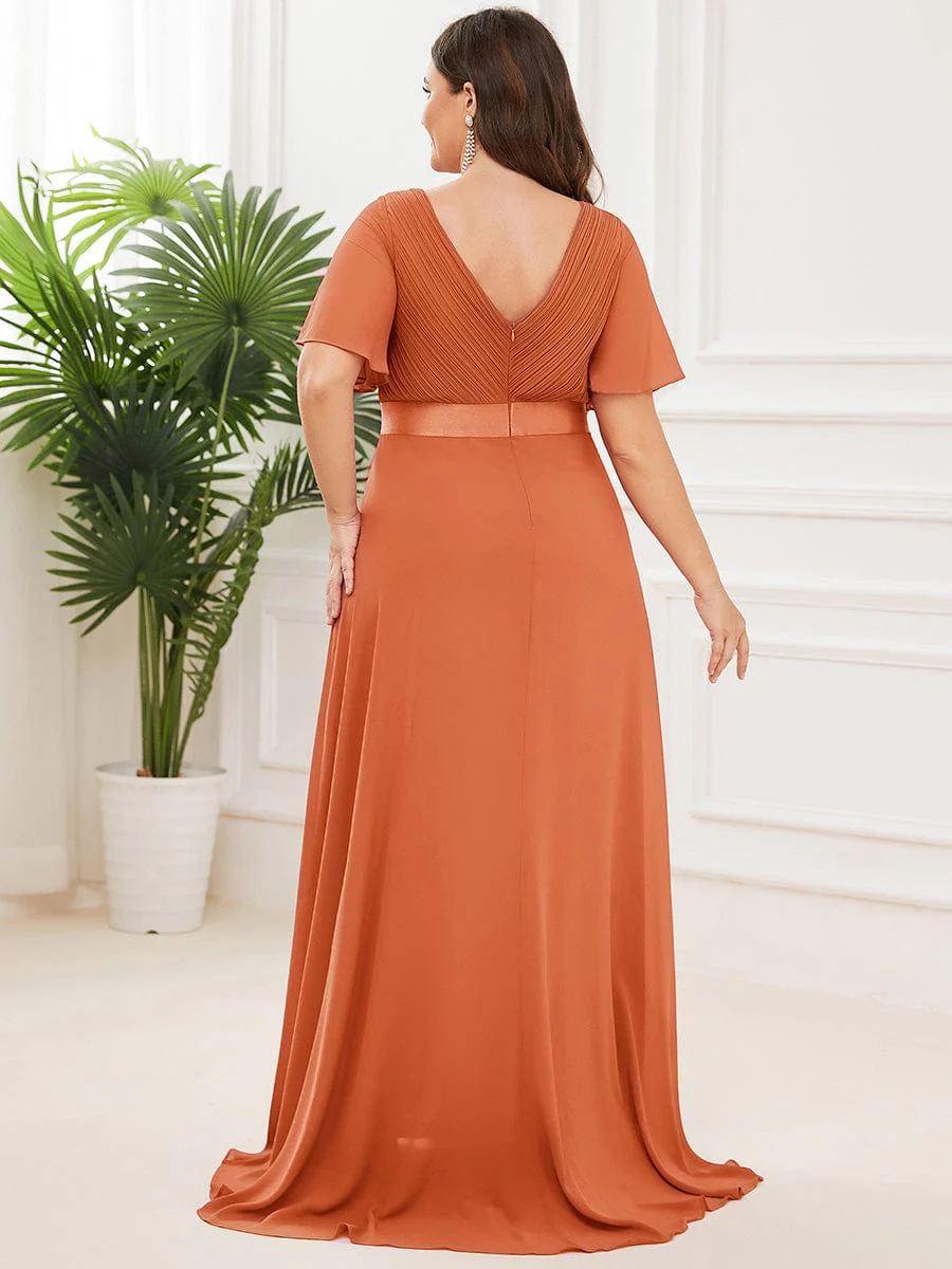 pretty MONICA|Plus Size Long Empire Waist Bridesmaid Dress with Short Flutter Sleeves - Image 197