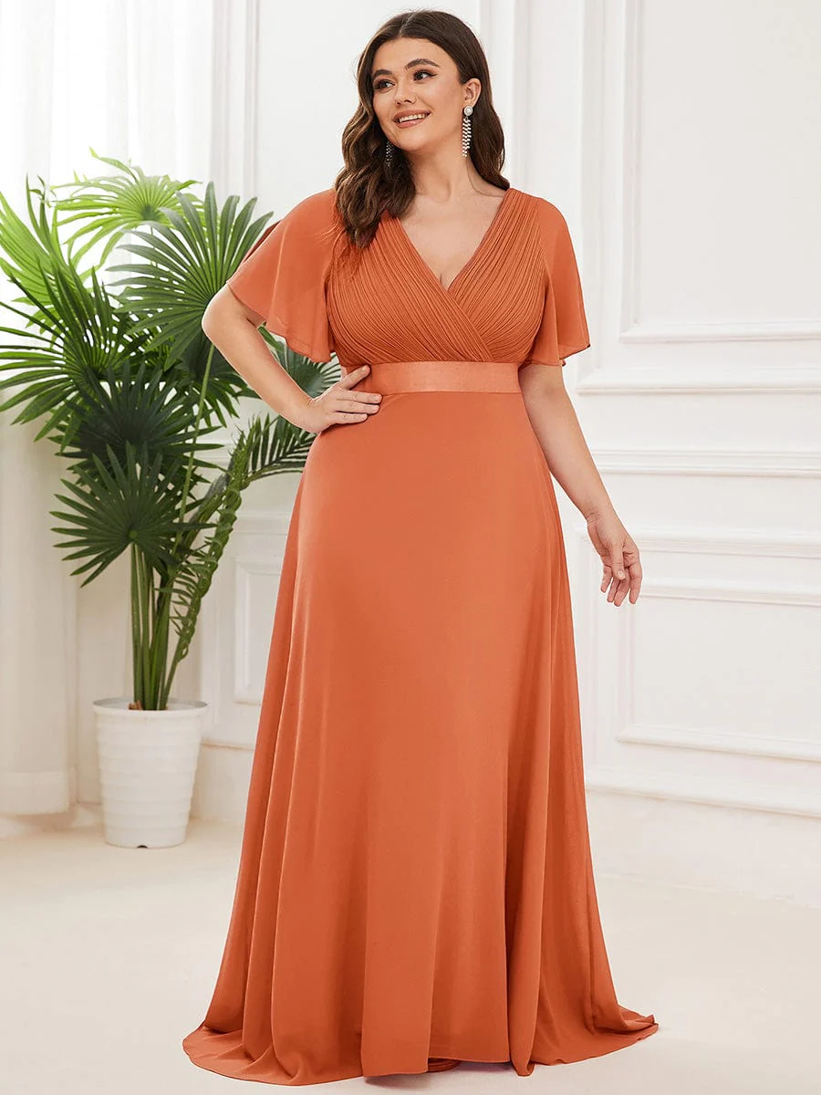pretty MONICA|Plus Size Long Empire Waist Bridesmaid Dress with Short Flutter Sleeves - Image 199