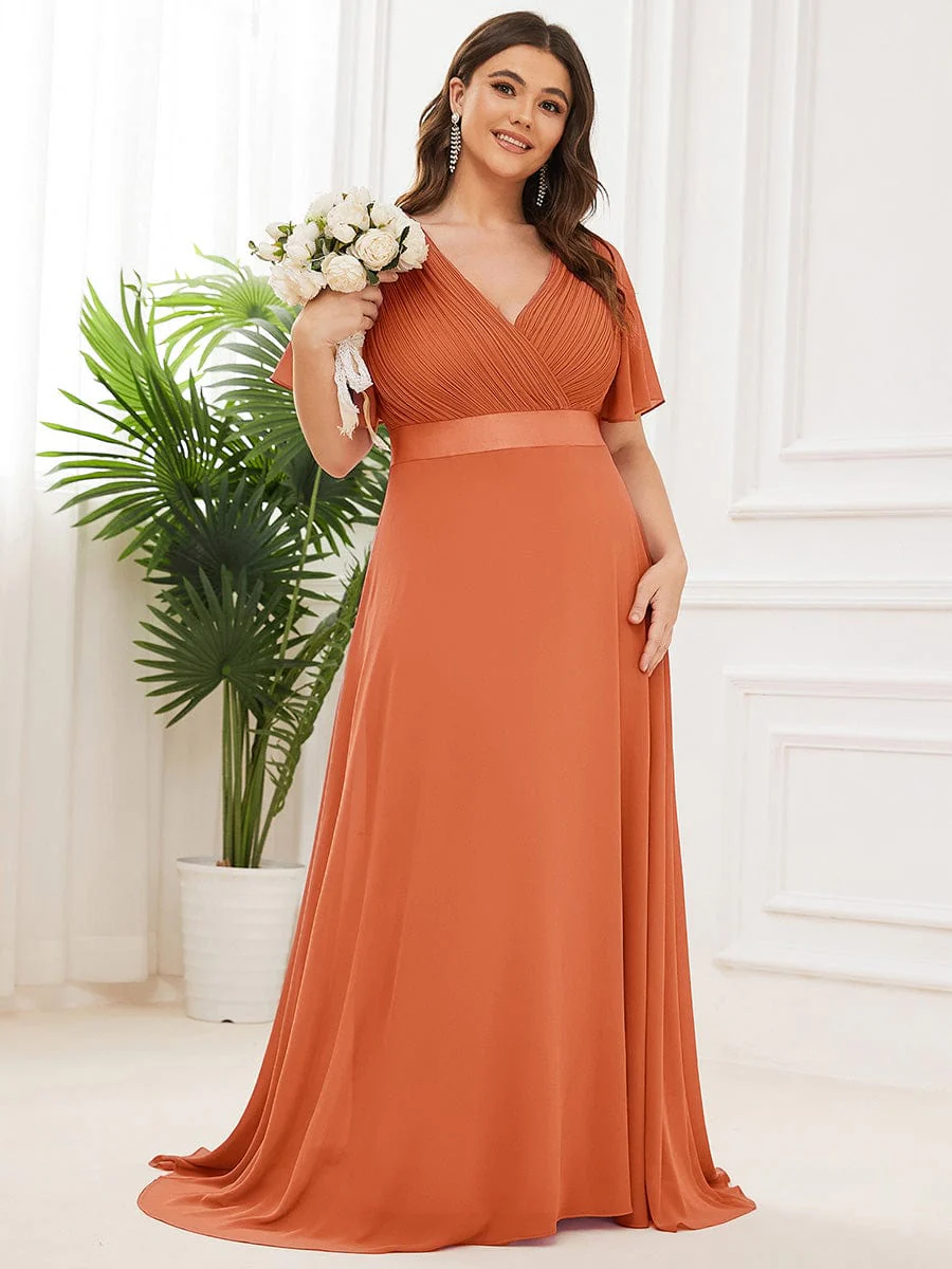 pretty MONICA|Plus Size Long Empire Waist Bridesmaid Dress with Short Flutter Sleeves - Image 200